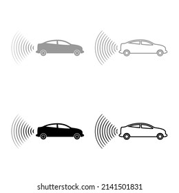 Car radio signals sensor smart technology autopilot back direction set icon grey black color vector illustration image solid fill outline contour line thin flat style