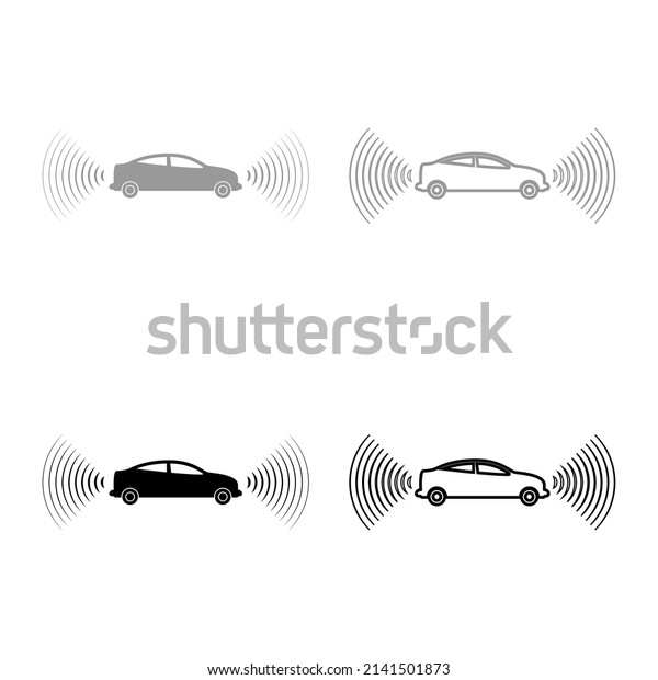 Car radio\
signals sensor smart technology autopilot front and back direction\
set icon grey black color vector illustration image solid fill\
outline contour line thin flat\
style