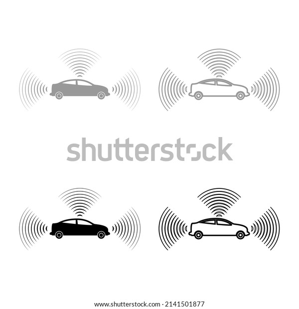Car radio signals sensor\
smart technology autopilot all direction set icon grey black color\
vector illustration image solid fill outline contour line thin flat\
style