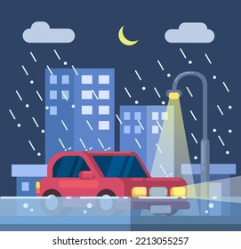 Car at raining night and flood disaster scene illustration vector