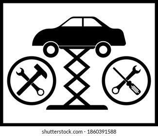 car raised on a stand with a tool in black colors on a white background
