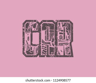Car rally emblem with rough texture for t-shirt. Gray print on pink background