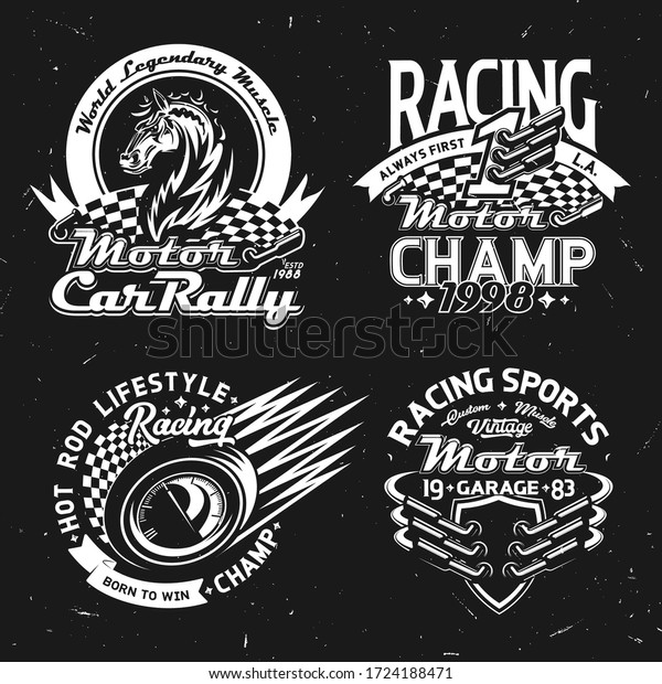 Car\
rally, racing and motorsport championship vector icons and t-shirt\
prints. Muscle cars race symbols with checkered flag, mustang horse\
and speedometer, vehicle wheel and champion\
stars