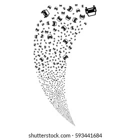 Car random fireworks stream. Vector illustration style is flat black iconic symbols on a white background. Object fountain made from scattered symbols.