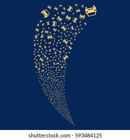 Car random fireworks stream. Vector illustration style is flat yellow iconic symbols on a blue background. Object fountain organized from scattered pictograms.