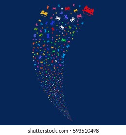 Car random fireworks stream. Vector illustration style is flat bright multicolored iconic symbols on a blue background. Object fountain done from scattered design elements.