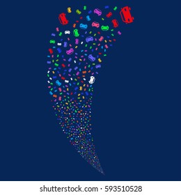 Car random fireworks stream. Vector illustration style is flat bright multicolored iconic symbols on a blue background. Object fountain made from scattered design elements.