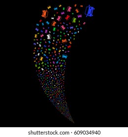 Car random fireworks stream. Vector illustration style is flat bright multicolored iconic symbols on a black background. Object fountain done from scattered pictograms.