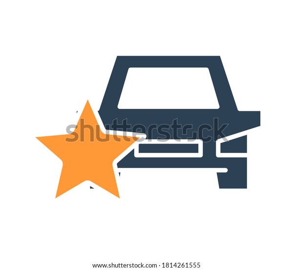 Car rating, auto\
with star colored icon. Transportation service review, add to\
favorites, taxi feedback\
symbol