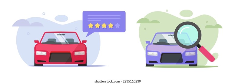 Car rating rental review inspect check vector icon or vehicle history inspection feedback comparison flat graphic illustration, auto examine service, automobile test analysis via magnifier glass