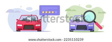 Car rating rental review inspect check vector icon or vehicle history inspection feedback comparison flat graphic illustration, auto examine service, automobile test analysis via magnifier glass