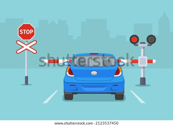 Car is reaching the level crossing with\
barrier. Back view of stopped sedan car at railroad crossing.\
Isolated flat vector illustration\
template.