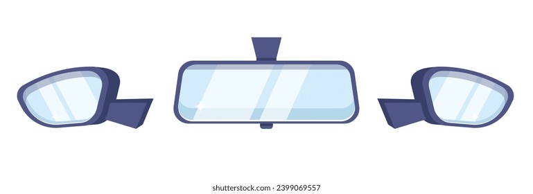 Car rear and side view mirrors. Automobile behind reflection. Auto transportation. Glass frame for vehicle back control. Transport traffic dashboard. Drive visibility