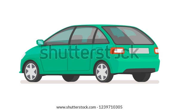 Car rear view on a white\
background. Family vehicle. Vector illustration in cartoon\
style