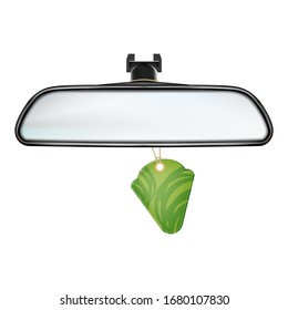 Car Rearview Mirror With Air Freshener Vector. Rear-view Mirror With Hanging Aromatic Flavor Perfume Accessory. Automobile Equipment For Safety Parking Template Realistic 3d Illustration