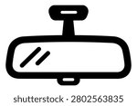 Car rearview mirror black silhouette icon with wide rounded mirror frame, central mounting bracket, small reflection marks and clean white cutout details, isolated on white background. Minimal bold vector-style illustration for automotive interior, vehicle safety, driving accessories, car service, sticker, decal, logo, label, and cutting file design.