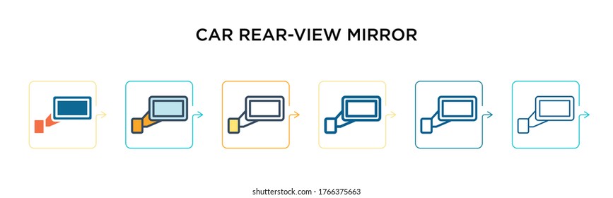 Icono vectorial retrovisor del coche en 6 estilos modernos diferentes. Iconos de retrovisor de coches negros, de dos colores, diseñados con el estilo relleno, contorno, línea y trazo. La ilustración de vector se puede utilizar para 