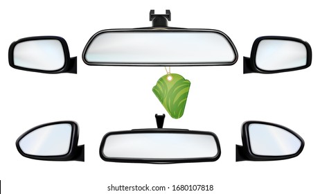 Car Rearview Mirrors With Air Freshener Set Vector. Collection Of Inside And Outdoor Rear-view Mirrors With Flavor Accessory. Automobile Equipment For Safety Parking Template Realistic 3d Illustration