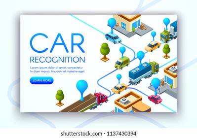 Car Recognition Technology Vector Illustration Of Vehicle Registration Plates And Traffic Speed Control. Location Tracking Radars And Road Rule Violation Cameras Of Police Monitoring System