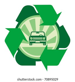 Car With Recycle Sign, Vector Illustration