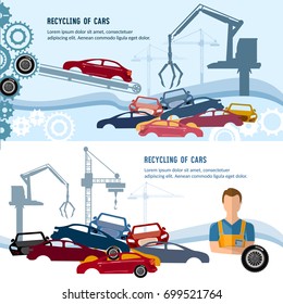 Cartel de reciclaje de coches. Cajón industrial de grúa tomando auto viejo para reciclar metal, utilización de autos.  Fábrica industrial de reciclaje. Vector de vertedero de metales para automóviles