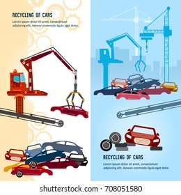 Car Recycling Banner. Car Scrap Metal Dump Vector. Industrial Crane Claw Grabbing Old Car For Recycling Metal, Utilization Of Cars. Recycling Industrial Factory 