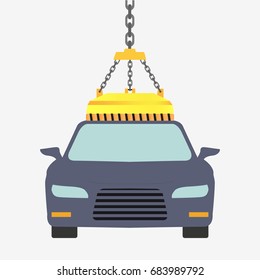 Car recycling. Car hanging on magnet isolated on white background. Flat design