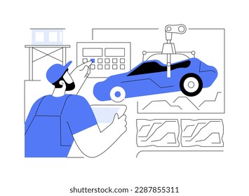 Car recycling plant abstract concept vector illustration. Factory worker controls process of old cars recycling, ecology environment, waste management, planet saving abstract metaphor.