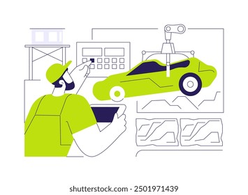 Car recycling plant abstract concept vector illustration. Factory worker controls process of old cars recycling, ecology environment, waste management, planet saving abstract metaphor.