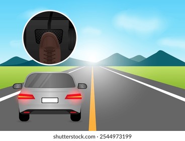 Luz de freno roja del coche. Luz trasera del coche. Conductor presionando el pedal de freno de un coche. Ilustración vectorial. 