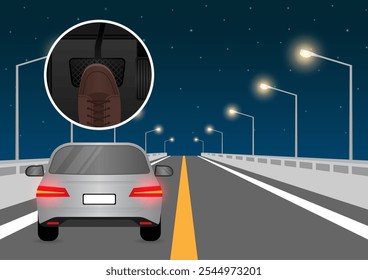 Car Red Brake Light. Car Back Light. Driver Pressing on Brake Pedal of a Car. Vector Illustration. 