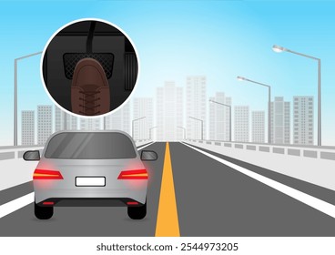 Car Red Brake Light. Car Back Light. Driver Pressing on Brake Pedal of a Car. Vector Illustration. 