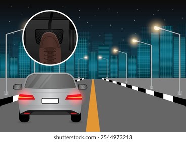 Car Red Brake Light. Car Back Light. Driver Pressing on Brake Pedal of a Car. Vector Illustration. 