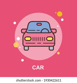 Car red front view with headlights tires windshield front view mirror flat concept design