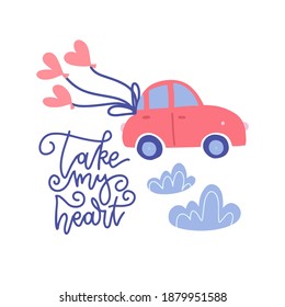 Car with red heart balloons in modern flat style vector illustration. Romantic background with concept of travel, adventure and hazard for your design. Original greeting card Valentines Day