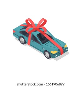 Car with a red ribbon and a bow in isometric style. Car gift concept.  Vector illustration 3d design. Isolated on white background. Template for advertising and market offer promotion.