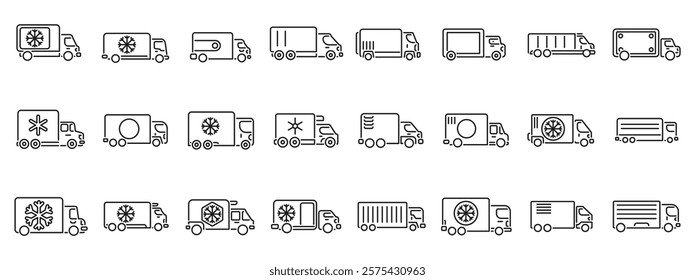Car refrigerator icons set. Set of simple black line vector icons showcasing refrigerated trucks ensuring temperature controlled transportation for frozen or perishable goods