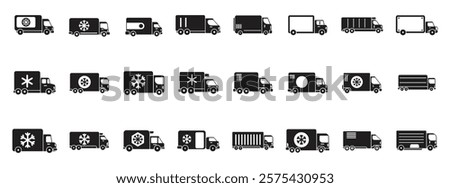 Car refrigerator icons set. Set of various refrigerated truck icons, symbolizing temperature controlled transportation in the cold chain logistics industry