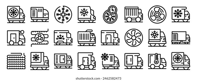 Icono del Vector del refrigerador del coche. Una serie de iconos en blanco y negro de camiones y vehículos con un ventilador a la derecha