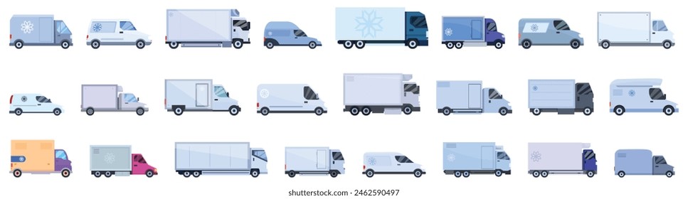 Car refrigerator vector. A row of white trucks with a blue truck in the middle. The trucks are all different sizes and shapes