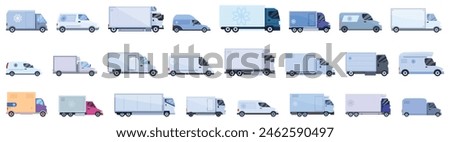 Car refrigerator vector. A row of white trucks with a blue truck in the middle. The trucks are all different sizes and shapes