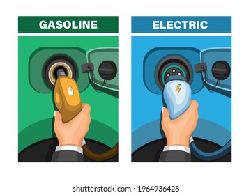 Car refuel gasoline and electric comparison concept in cartoon illustration vector