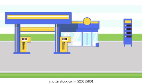 Car refuel vector flat illustration. Infrastructure. Gas station. Information outer booth.