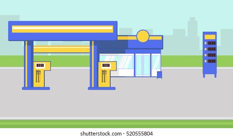 Car refuel vector flat illustration. Infrastructure. Gas station. Information outer booth.