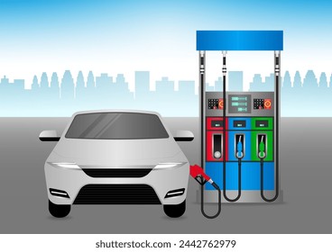 Car Refueling at Gas Station in the City. Vector Illustration Isolated on White Background. 