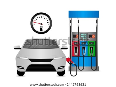 Car Refueling at Gas Station in the City. Vector Illustration Isolated on White Background. 