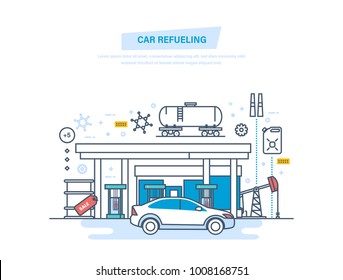 Car refueling with gasoline at filling station. Car service, shop. Fuel and gas petrol station. Petroleum systems development. Oil industry, factory, warehouse. Illustration thin line design.