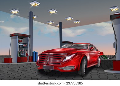 Car refueling on a filling station.Vector illustration.