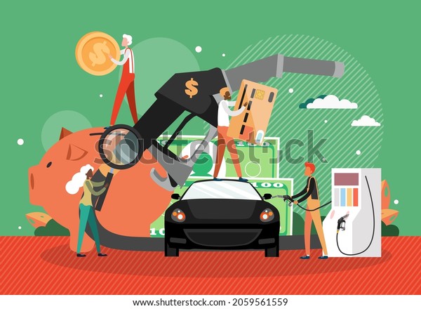 Car\
refueling at petroleum station. Fuel petrol gas filling station,\
gasoline pump hose, people, vector\
illustration.