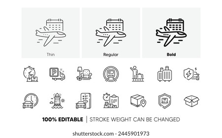 Car registration, Baggage and Packing things line icons. Pack of Book car, Fast delivery, Truck parking icon. Select flight, Lighthouse, Parcel tracking pictogram. Package protection. Vector